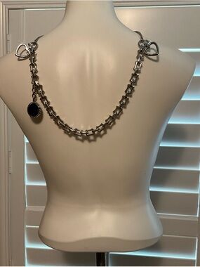 Silver Link Necklace with Black Round Pendant and Heart Accents - Women Jewelry